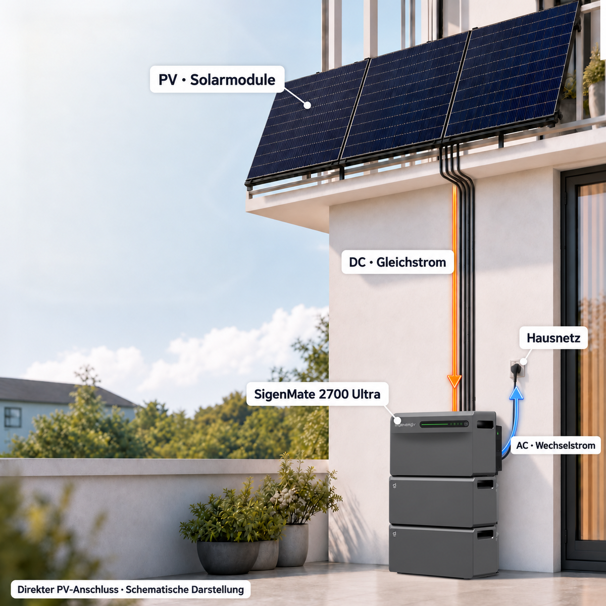 Schematischer Energiefluss: PV-Gleichstrom zum SigenMate 2700 Ultra und Wechselstrom zum Hausnetz