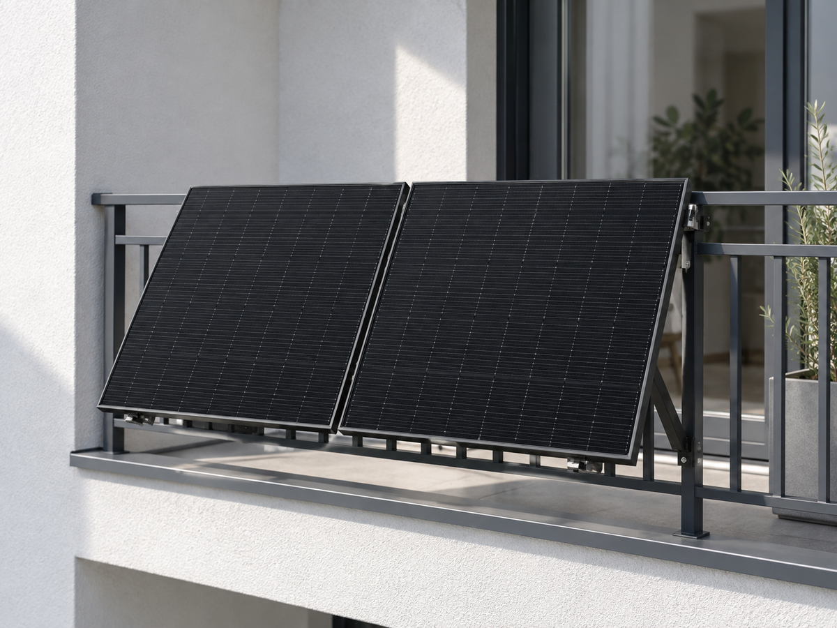 Sonniger Balkon mit ausgerichteten Solarmodulen