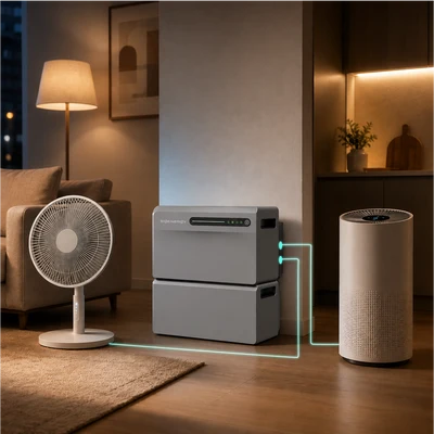 SigenMate-Speicher im Wohnzimmer neben Ventilator und Luftreiniger, mit dargestellter Backup-Verbindung