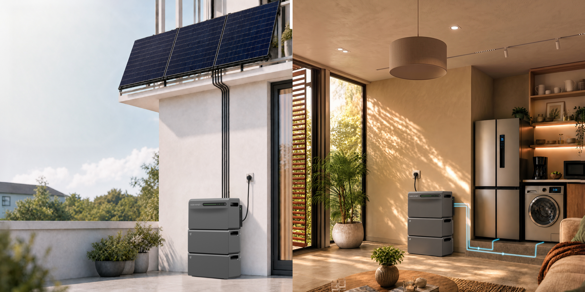 Solarmodule am Balkon und SigenMate-Speicher im Außen- und Wohnbereich